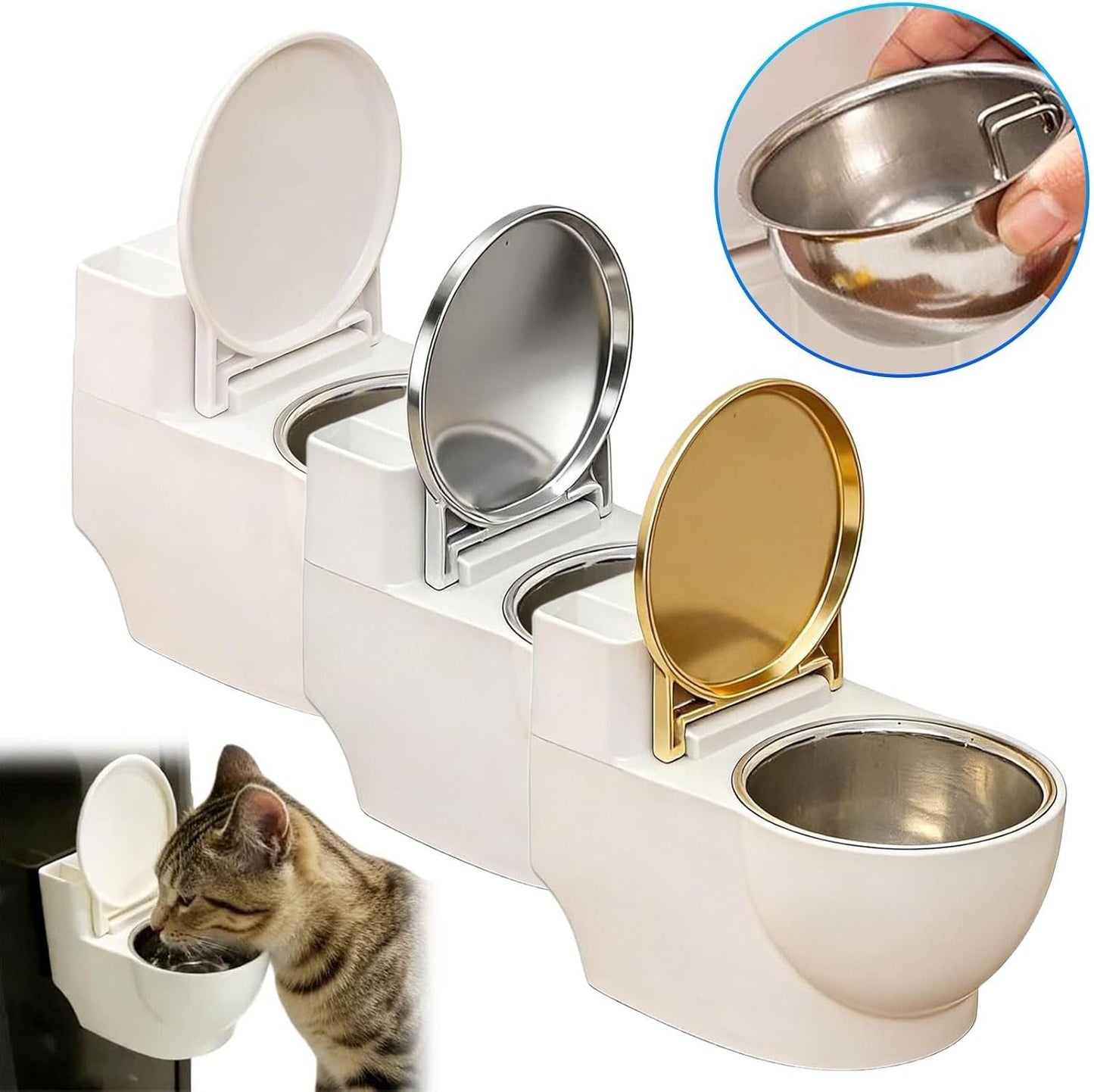 Toilet-Shaped Water Bowl for Cats, Wall-Mounted Cat Toilet Water Bowl Pet Food Dispenser for Cat Dog, Small Funny Bowls, Stainless Steel, Pet Fountain for Your Cat Drink More Water (White)